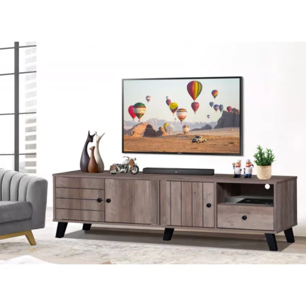 طاولة تلفزيون خشب كلاسيك بأدراج متعددة لون بني