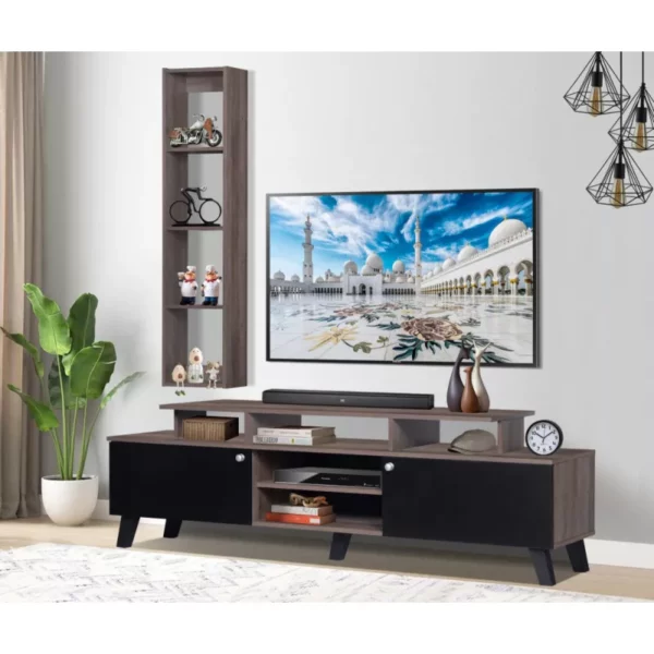 طاولة تلفزيون مع رفوف جدارية خشب ماليزي لون رمادي واسود