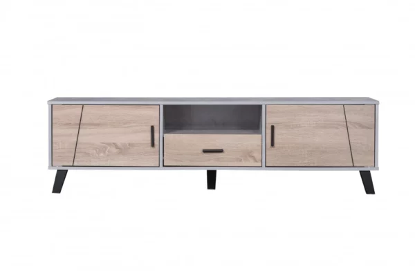 طاولة تلفزيون خشب بتصميم حديث لون رمادي وخشبي