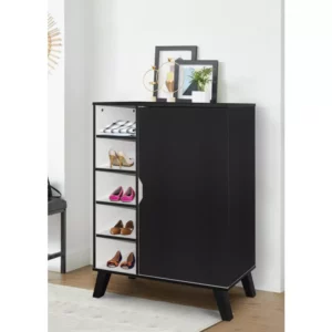 خزانة أحذية باب واحد مع 5 أرفف تخزين باللون الأسود والأبيض