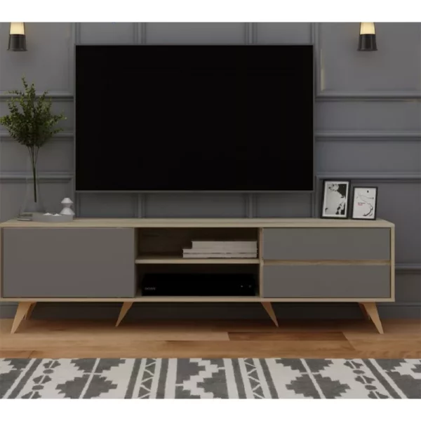 طاولة تلفزيون مع قاعدة لون خشبي وابيض